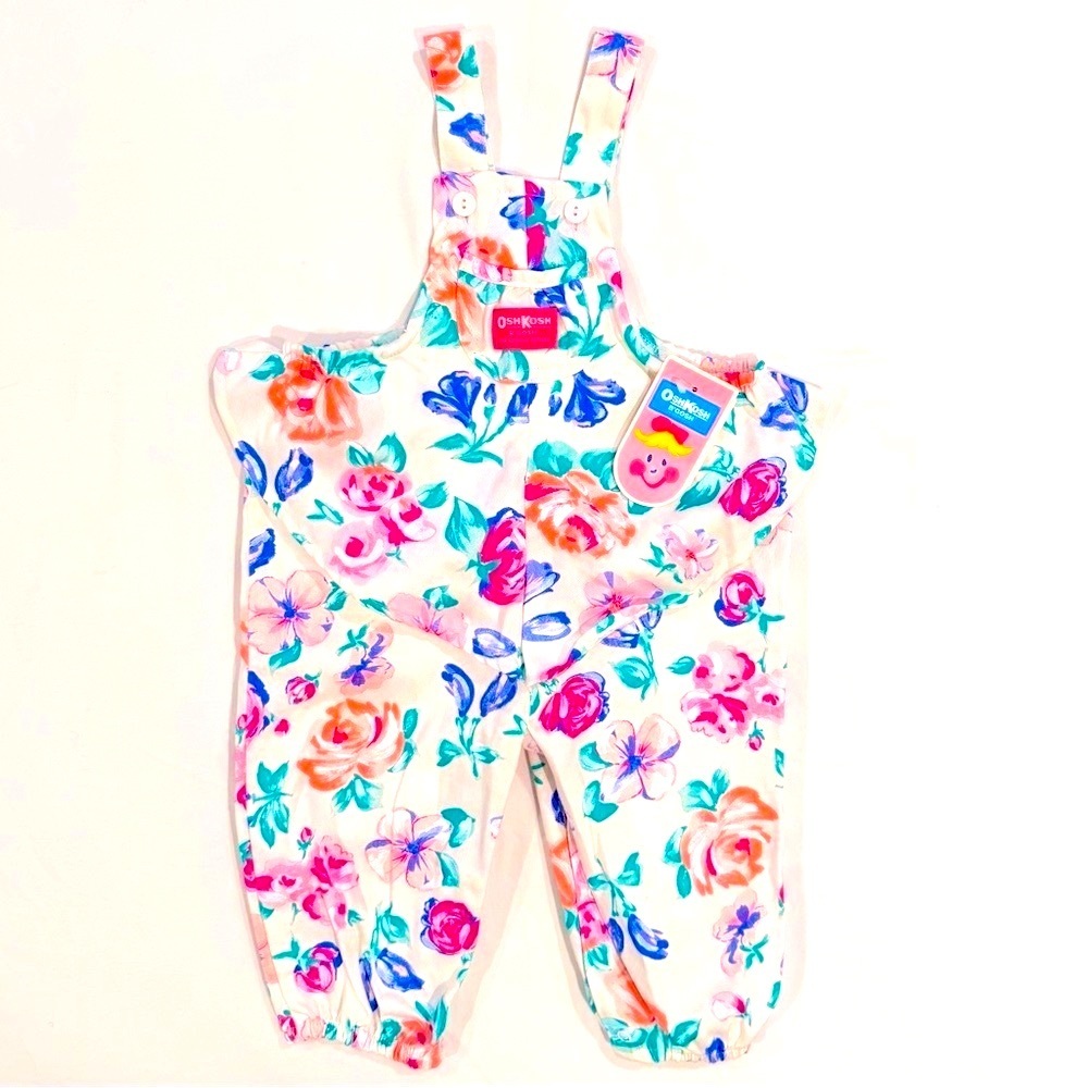 New Vintage OshKosh B'gosh Floral Overalls Girls 18M Vestback Pink Label USA 90s